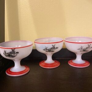 Hazel Atlas Vintage Sherbet Dishes- Set of 6 plantonite w/ red band &  windmill.